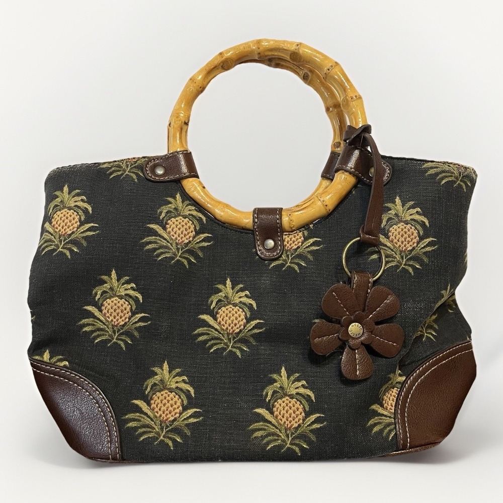 RELIC Pineapple Handbag Purse w/ Circular Bamboo Handles Tropical Cloth Clutch